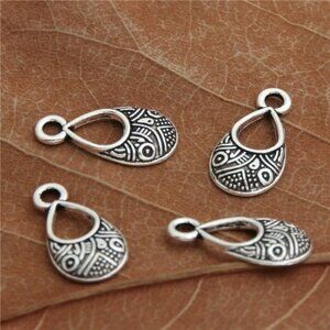 Antique Silver Plated Art Deco Carved Open Curved Teardrop Charms 4Pcs